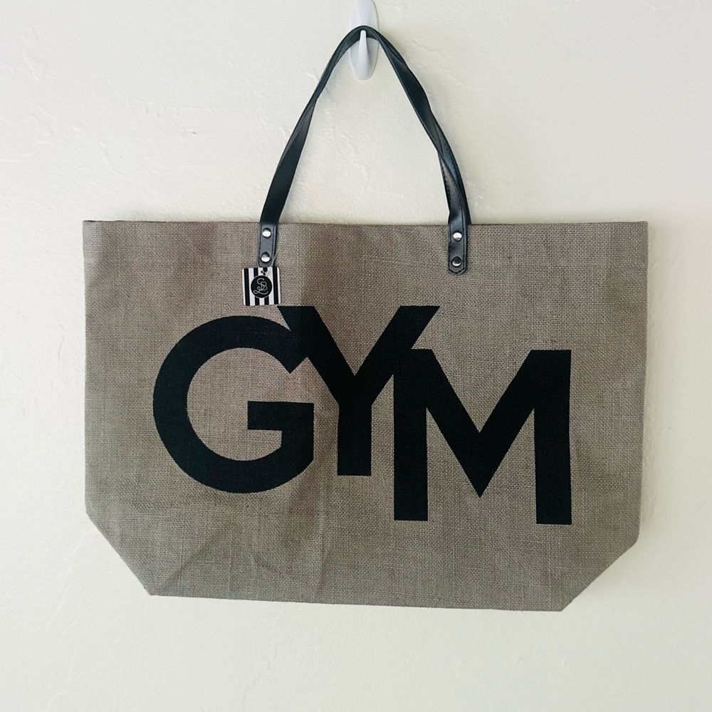Burlap Canvas Large GYM Tote Bag Leather Straps BNWT